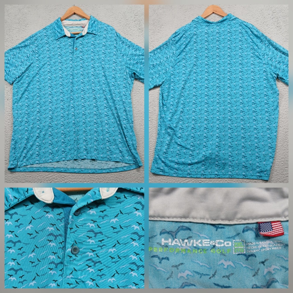 Hawke & Co Performance Golf Polo Shirt Mens 2XL Blue‎ Bird Print Short Sleeve